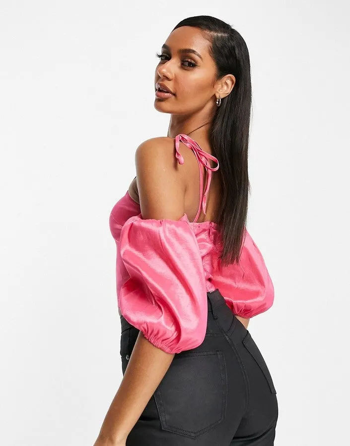 Pink Satin Puff Sleeve Crop Top - UK 10