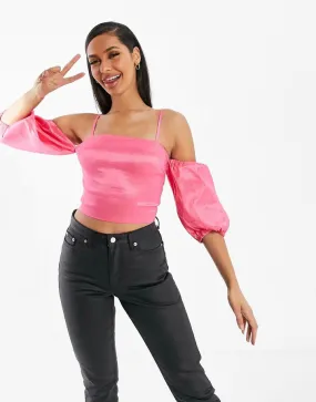 Pink Satin Puff Sleeve Crop Top - UK 10