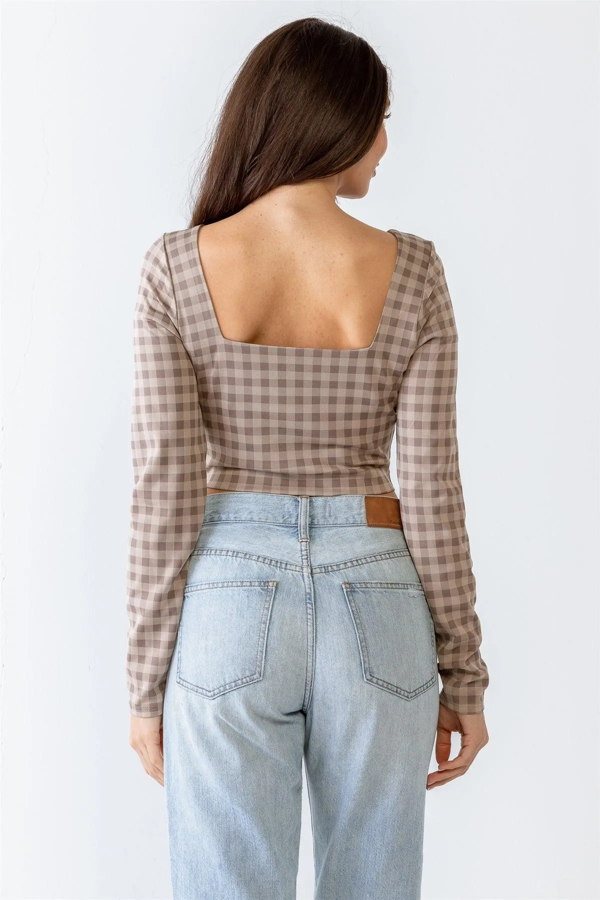 Plaid Print Square Neck Long Sleeve Crop Top