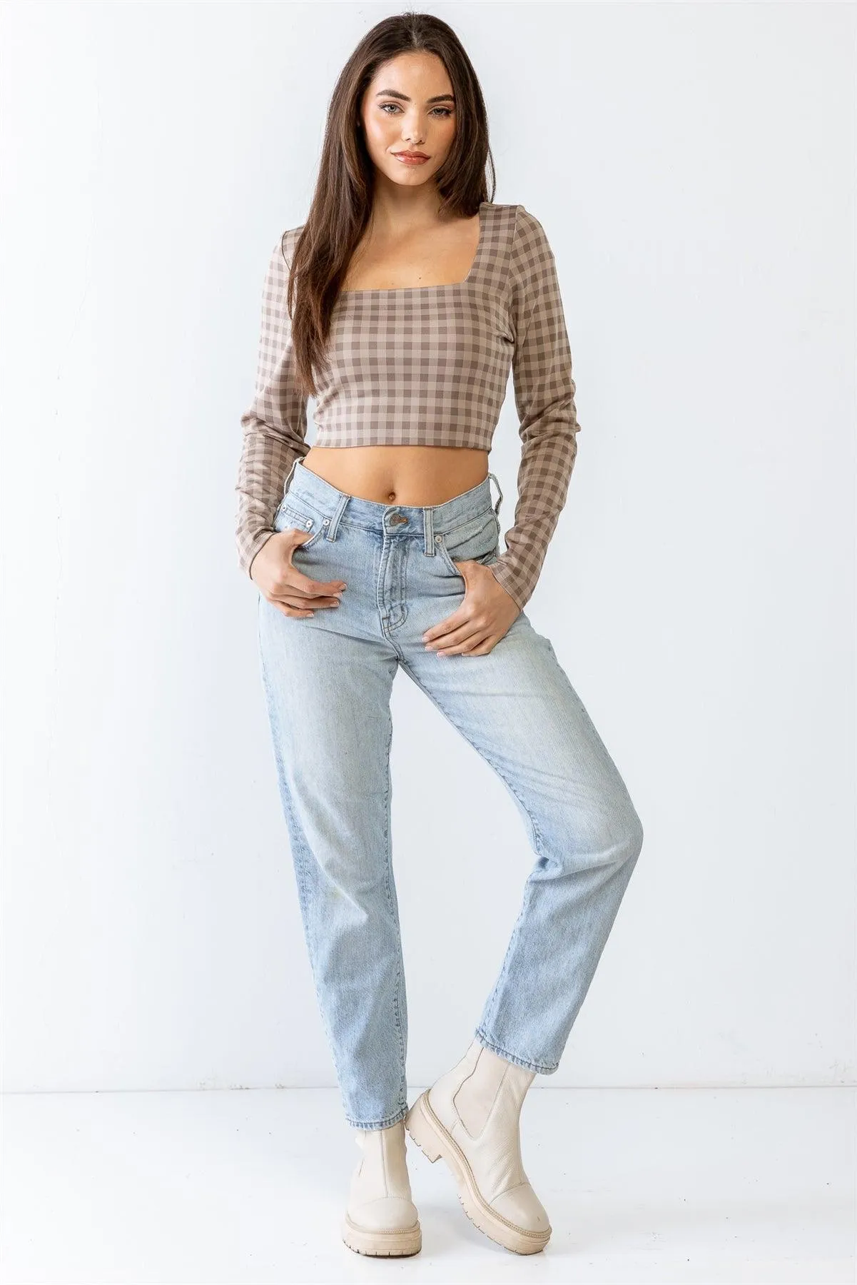 Plaid Print Square Neck Long Sleeve Crop Top