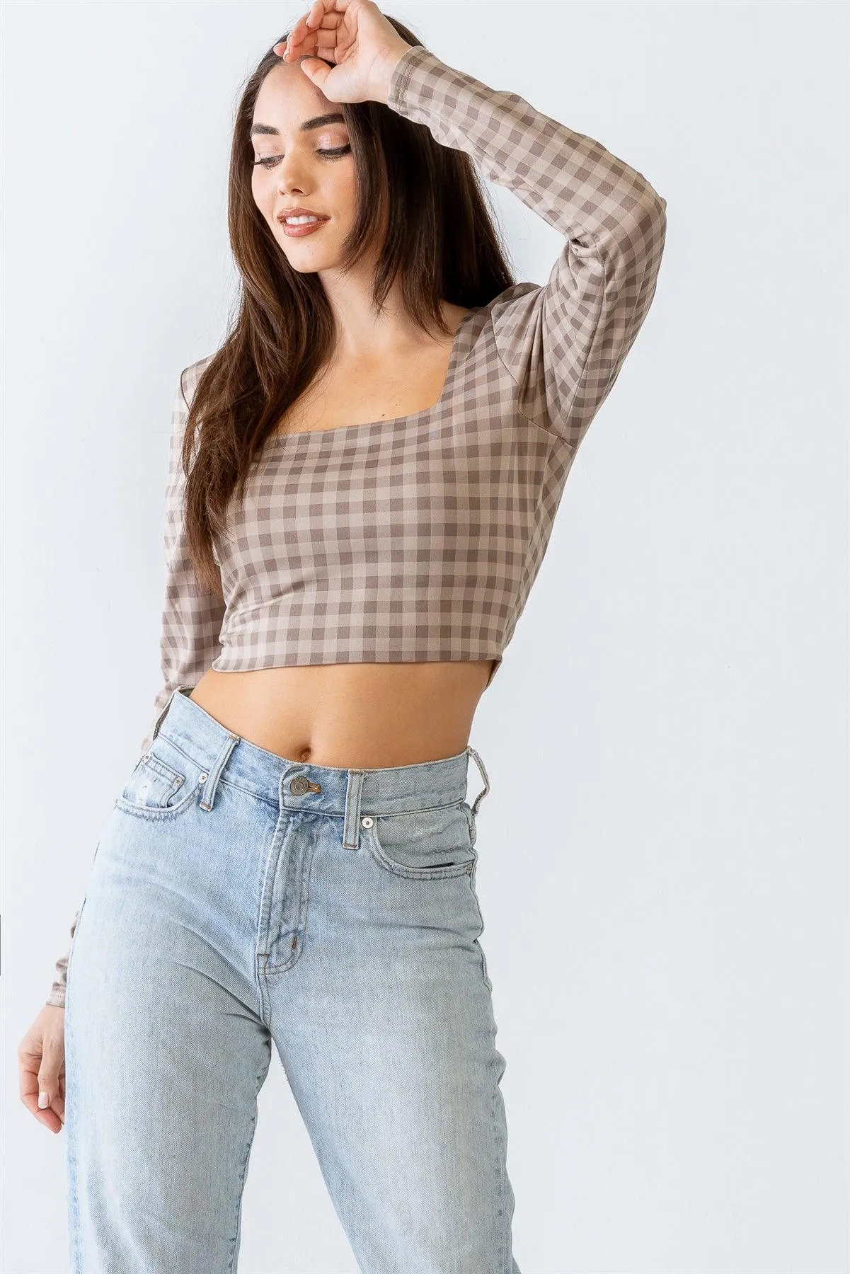 Plaid Print Square Neck Long Sleeve Crop Top