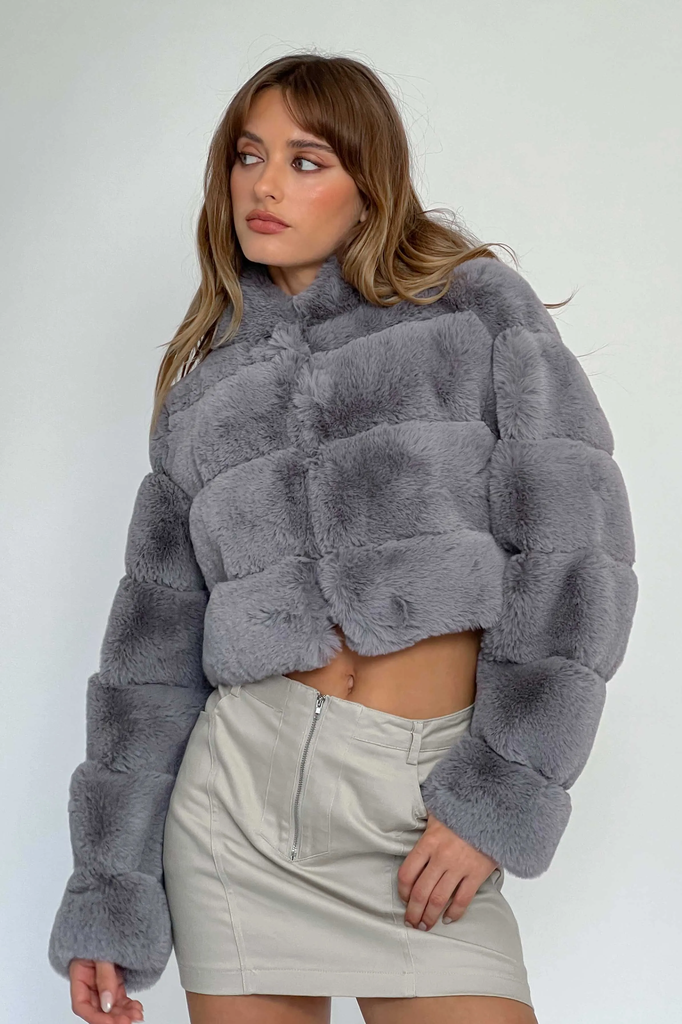 Polina Hooded Faux Fur Jacket Grey