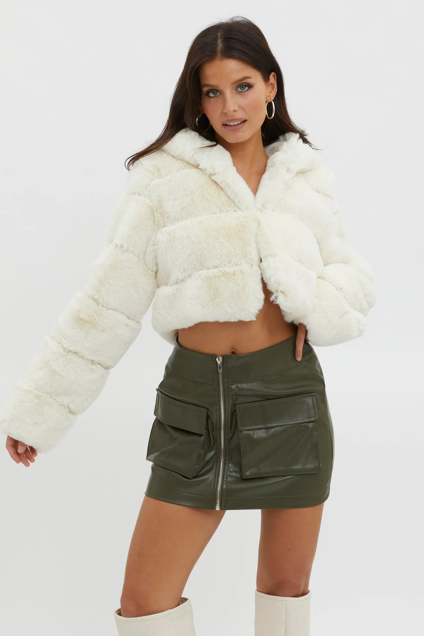 Polina Hooded Faux Fur Jacket Ivory