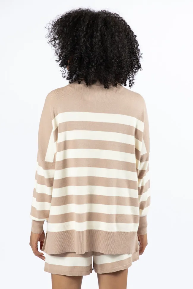 Pulling Heartstrings Taupe And Cream Striped Quarter Zip Pullover