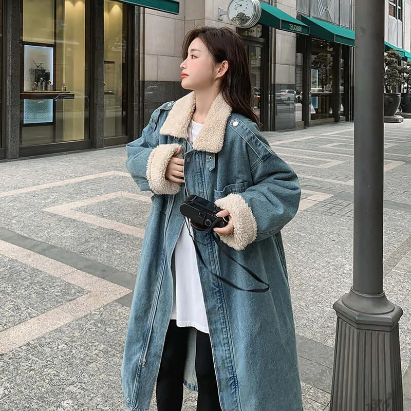 Rabbit Fur Collar Stylish Winter Parka Denim Coat for Women