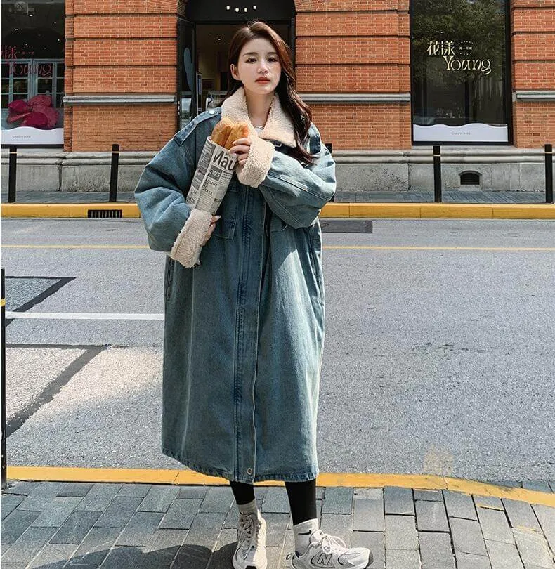 Rabbit Fur Collar Stylish Winter Parka Denim Coat for Women