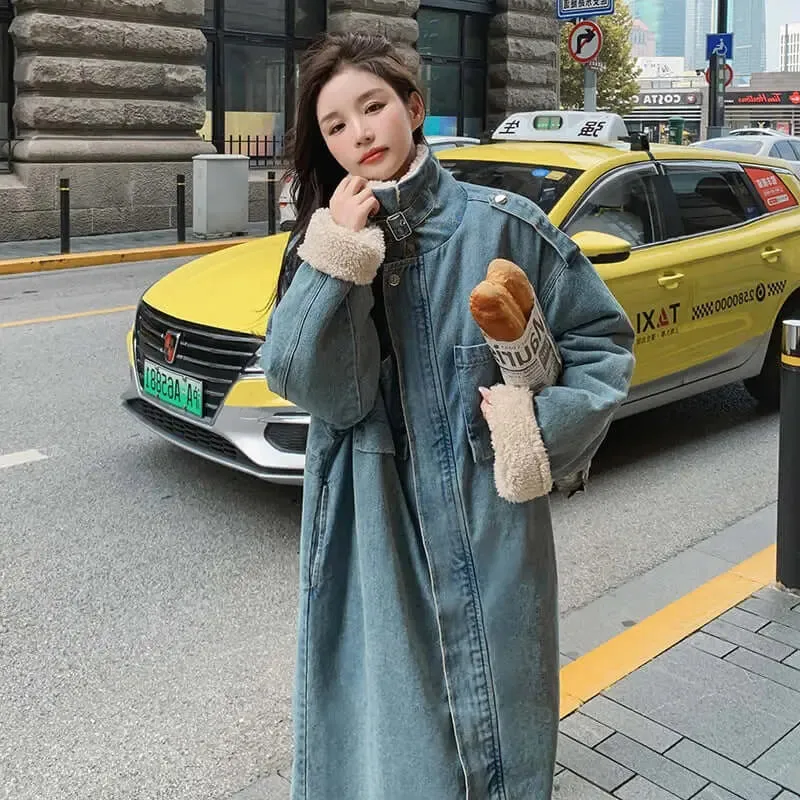 Rabbit Fur Collar Stylish Winter Parka Denim Coat for Women