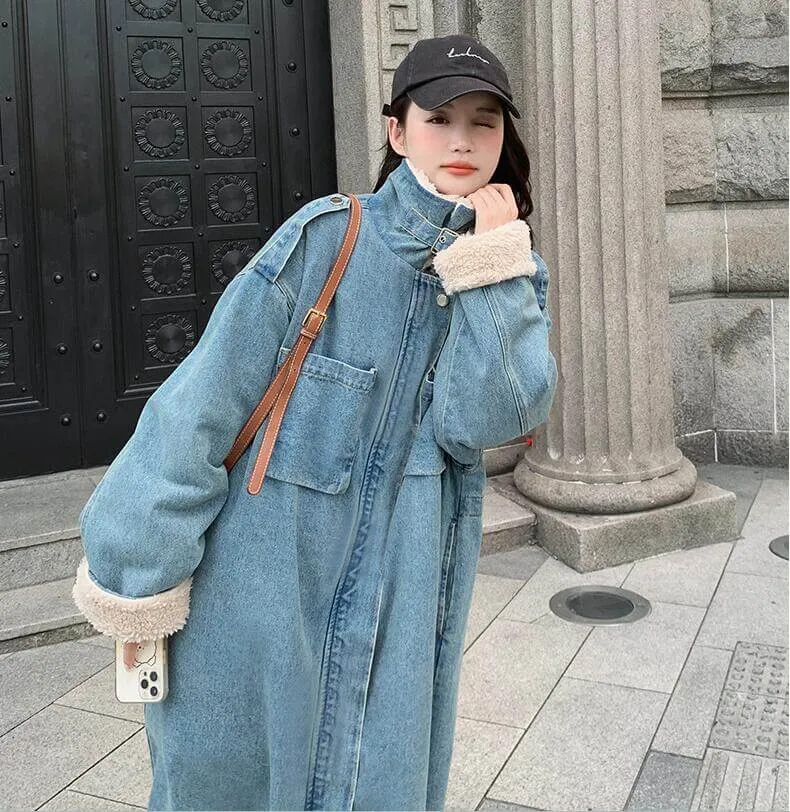 Rabbit Fur Collar Stylish Winter Parka Denim Coat for Women