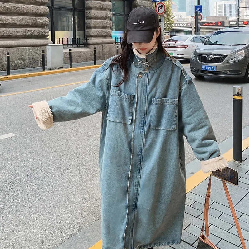 Rabbit Fur Collar Stylish Winter Parka Denim Coat for Women