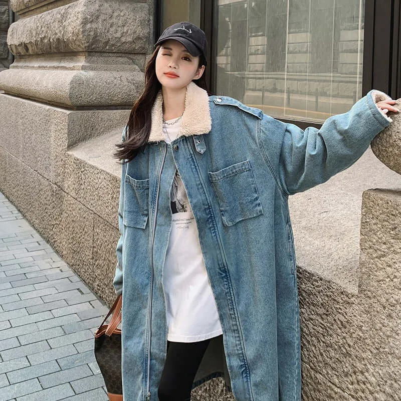 Rabbit Fur Collar Stylish Winter Parka Denim Coat for Women