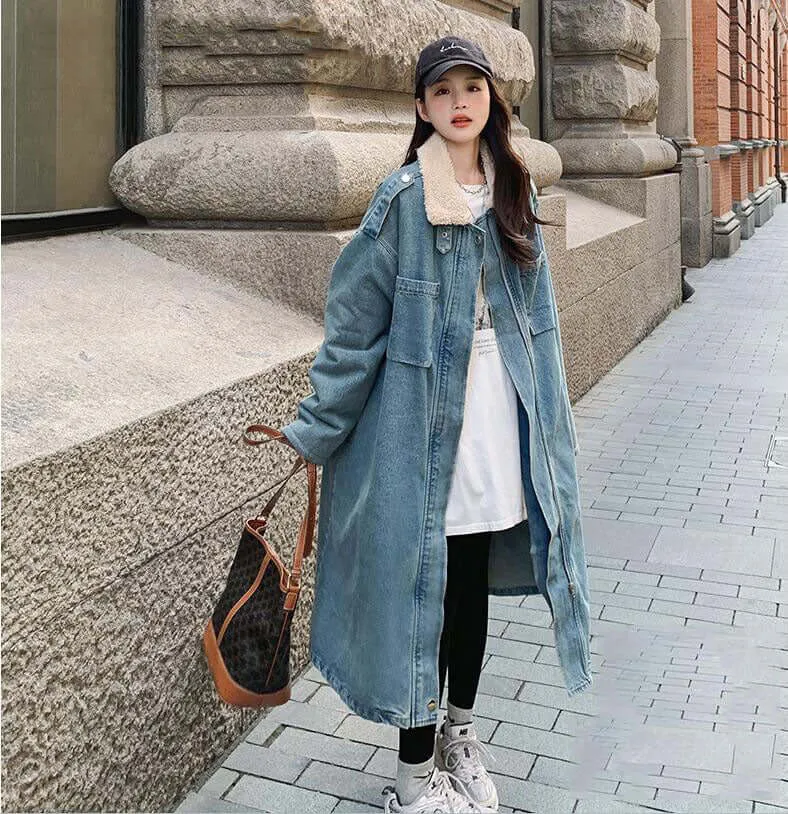 Rabbit Fur Collar Stylish Winter Parka Denim Coat for Women