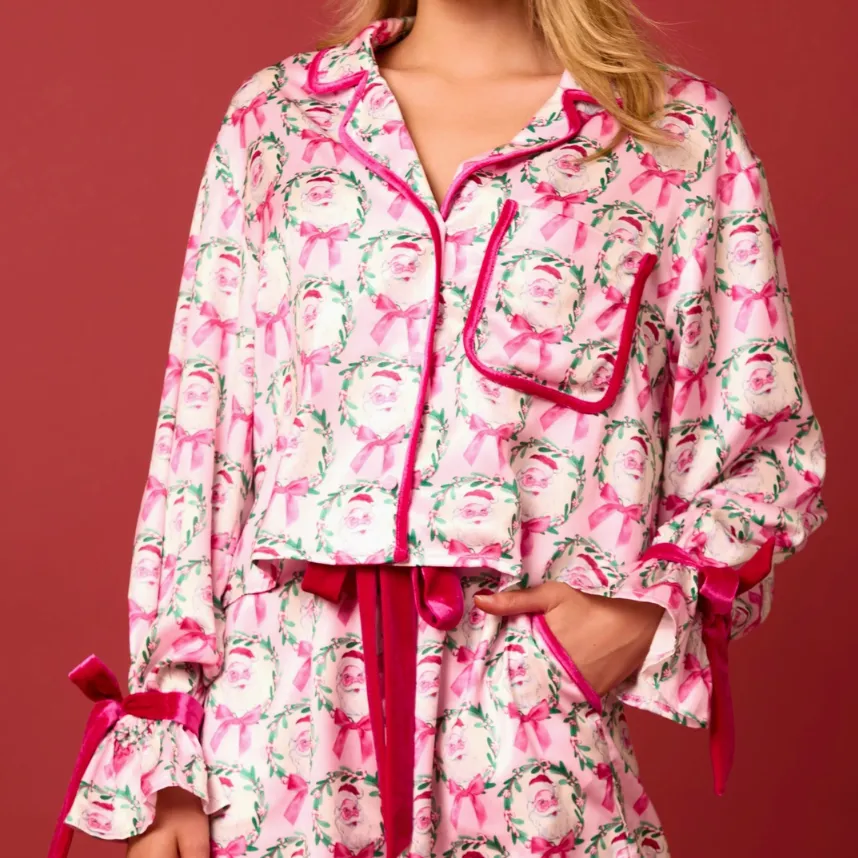 Santa Season Satin Santa & Bow Print Pajama Set