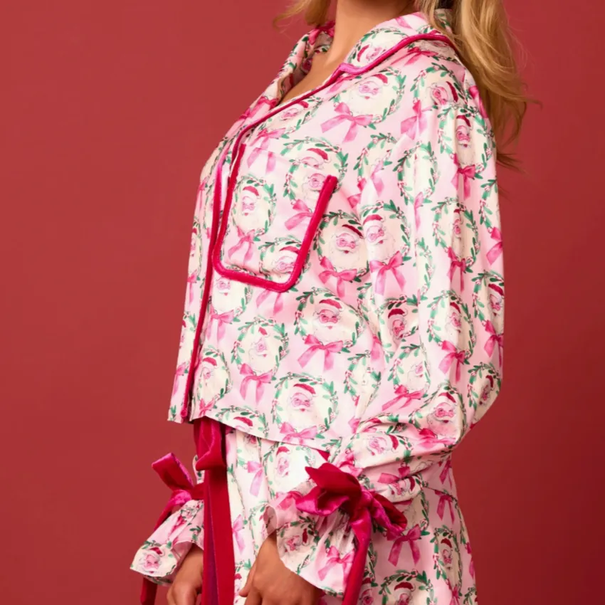 Santa Season Satin Santa & Bow Print Pajama Set