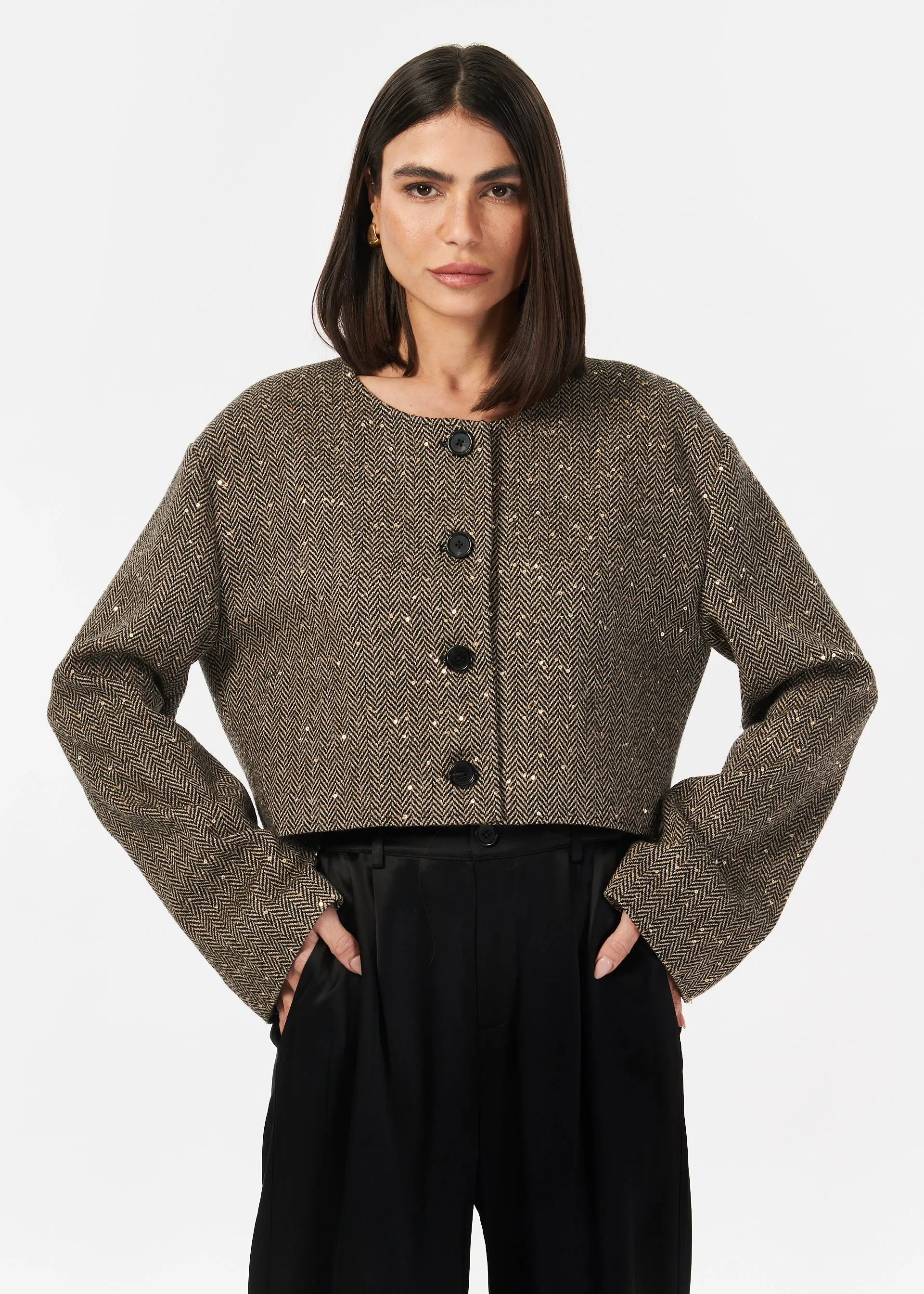 Serrano Sequin Tweed Cropped Jacket Black and Tan