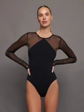 Sheer Long Sleeve Leotard - Black