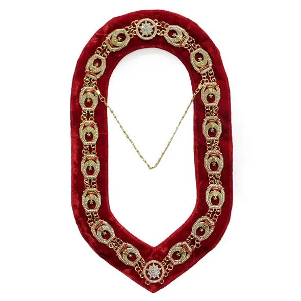 Shriner - Masonic Rhinestone Chain Collar - Gold/Silver on Red