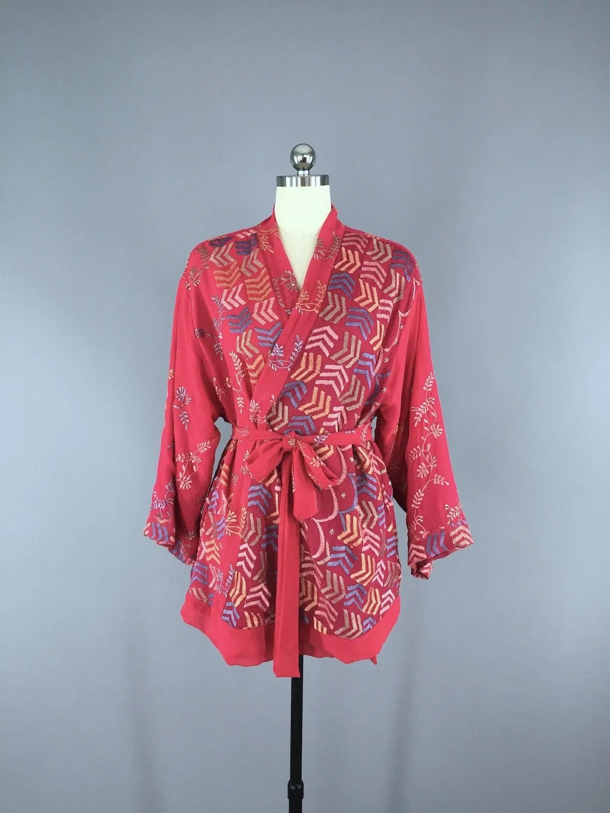 Silk Chiffon Kimono Cardigan made from a Vintage Indian Sari with Red Chevron Embroidery