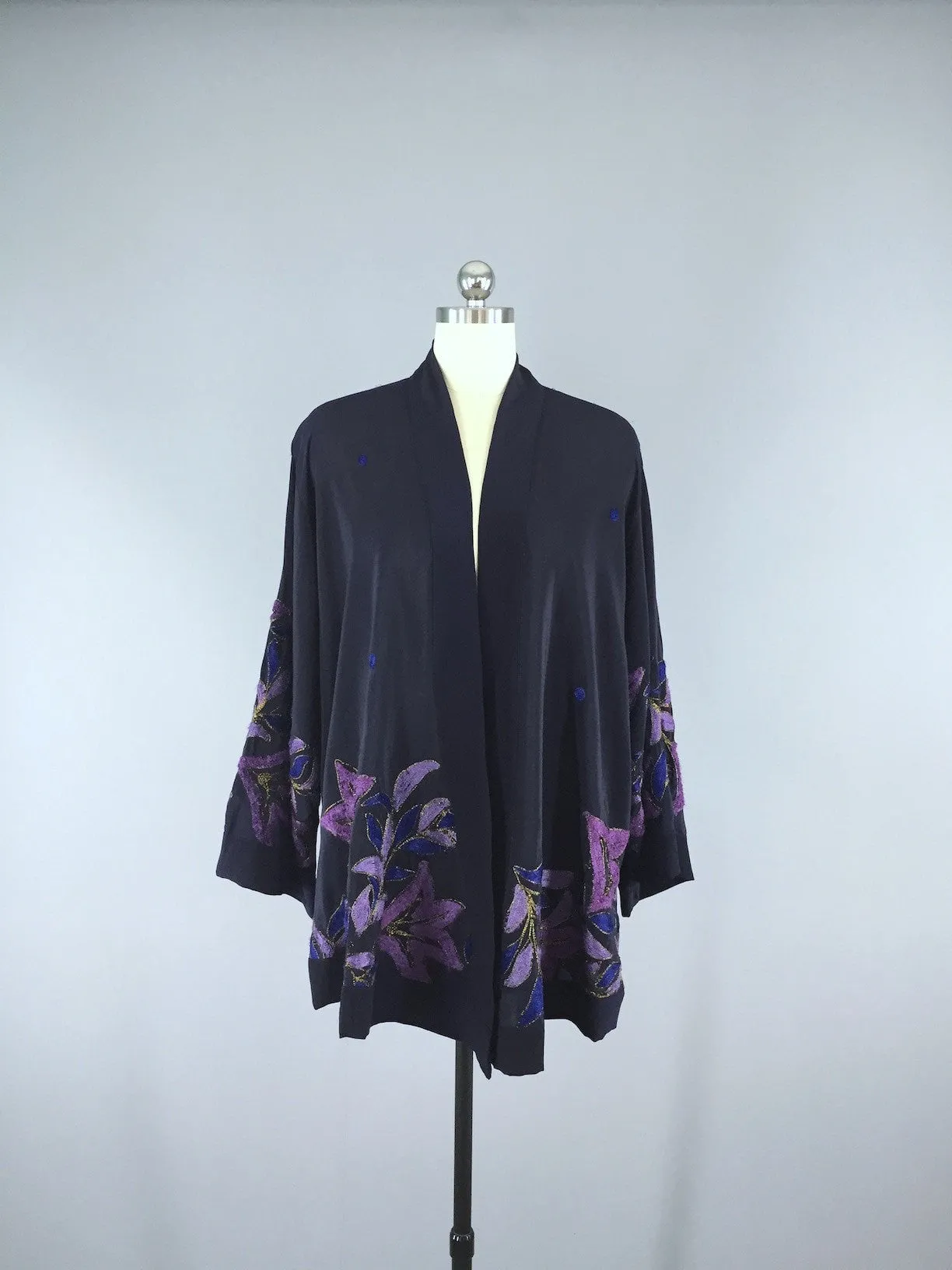 Silk Kimono Cardigan / Vintage Indian Sari / Blue Purple Embroidered Floral