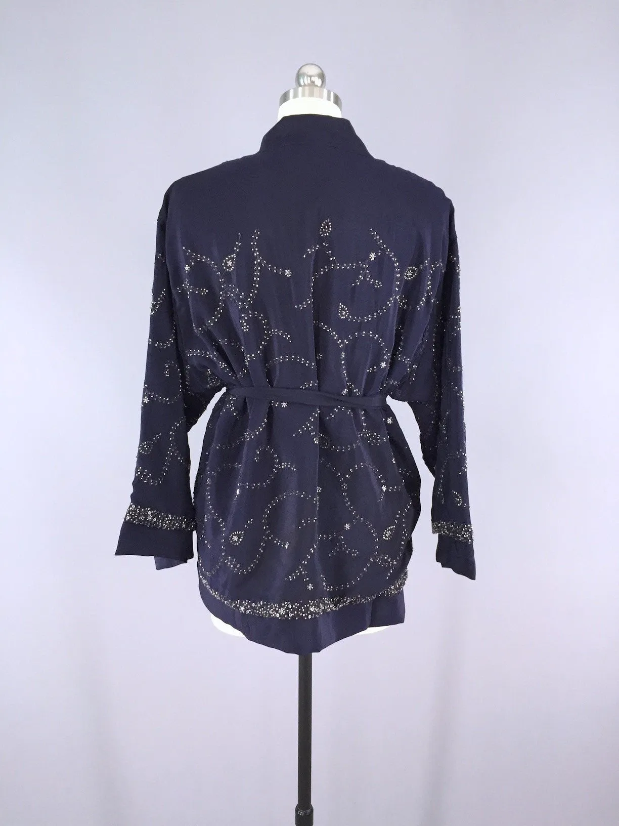 Silk Kimono Cardigan / Vintage Indian Sari / Navy Blue & Silver Beaded