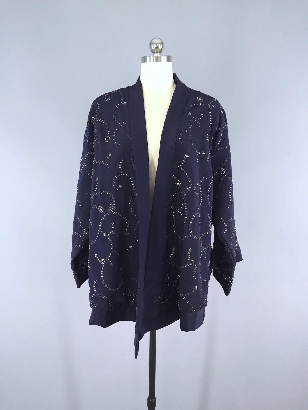 Silk Kimono Cardigan / Vintage Indian Sari / Navy Blue & Silver Beaded