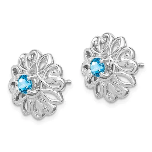 Sterling Silver Sky Blue Topaz Filigree Flower Stud Jacket Earrings