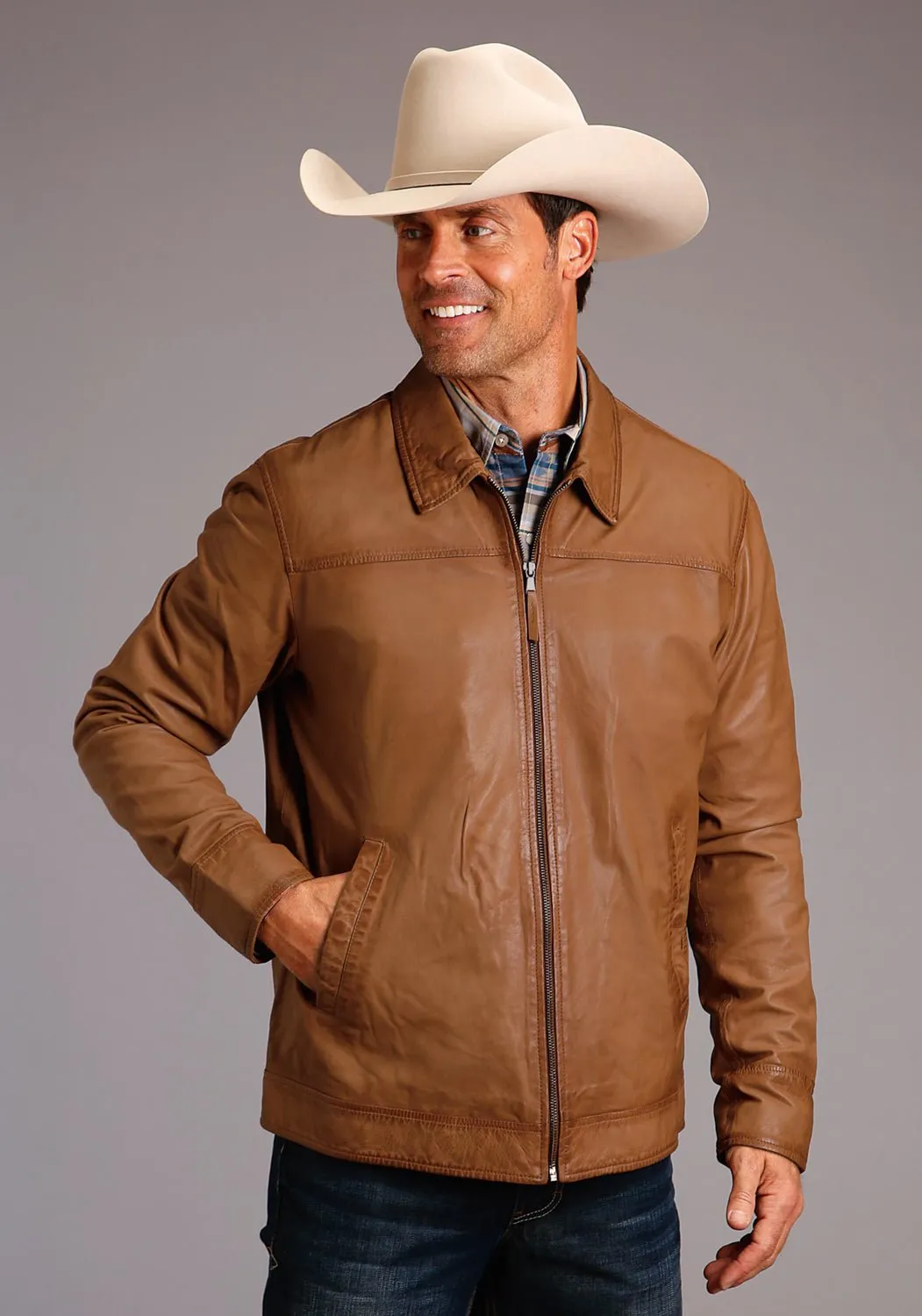 Stetson Mens Zip Front Lightweight Caramel Leather Leather Jacket