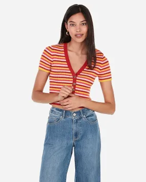 Striped Button Front Cropped Sweater Top in Red Stripe