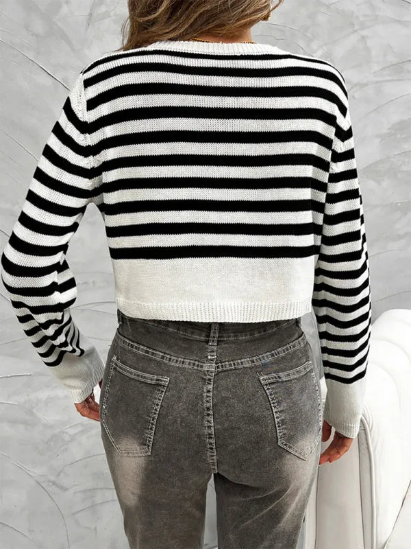 Striped Crop Cardi with Gold Button Accents