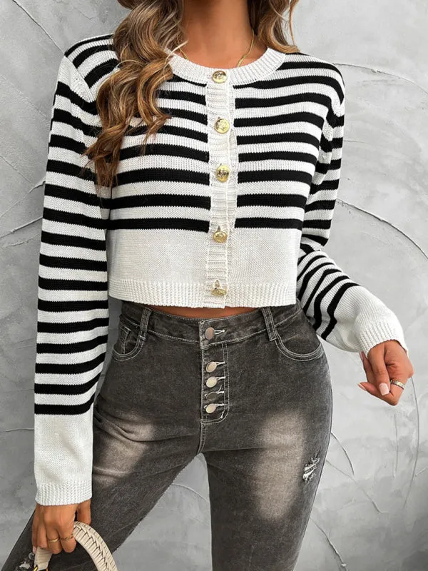 Striped Crop Cardi with Gold Button Accents