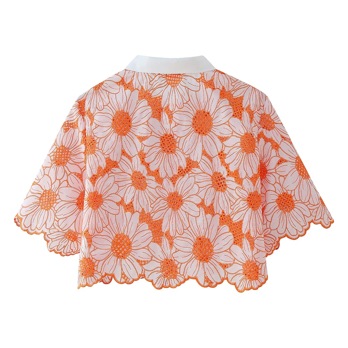 TEEK - Orange Daisy Embroidery Crop Shirt