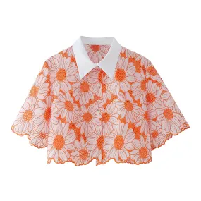 TEEK - Orange Daisy Embroidery Crop Shirt