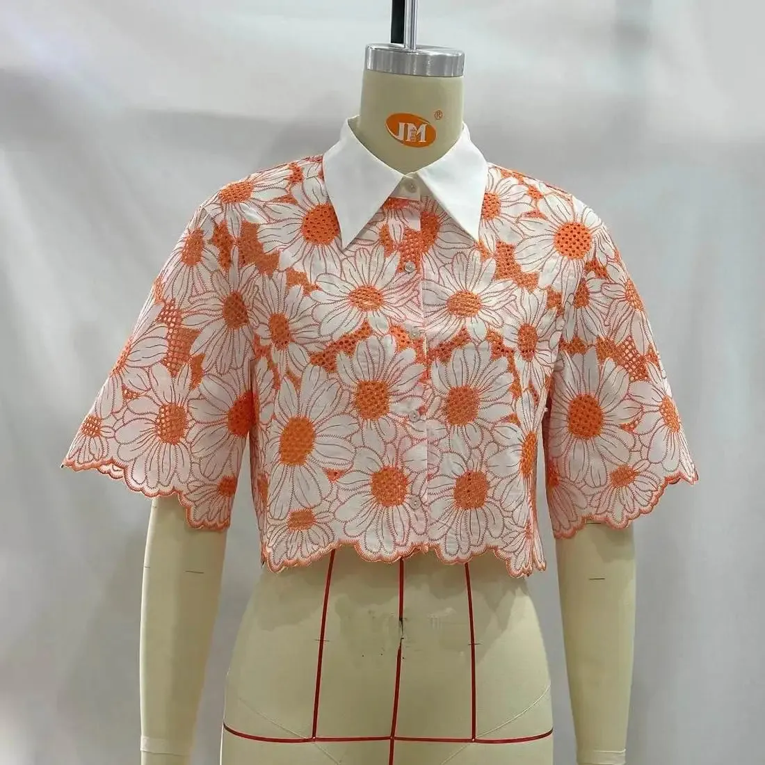 TEEK - Orange Daisy Embroidery Crop Shirt