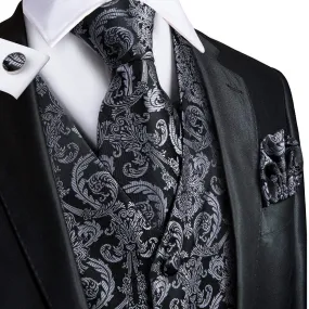 Ties2you Black Tie Vest Grey Paisley Jacquard Silk Men's Vest Hanky Cufflinks Tie Set Waistcoat Suit Set