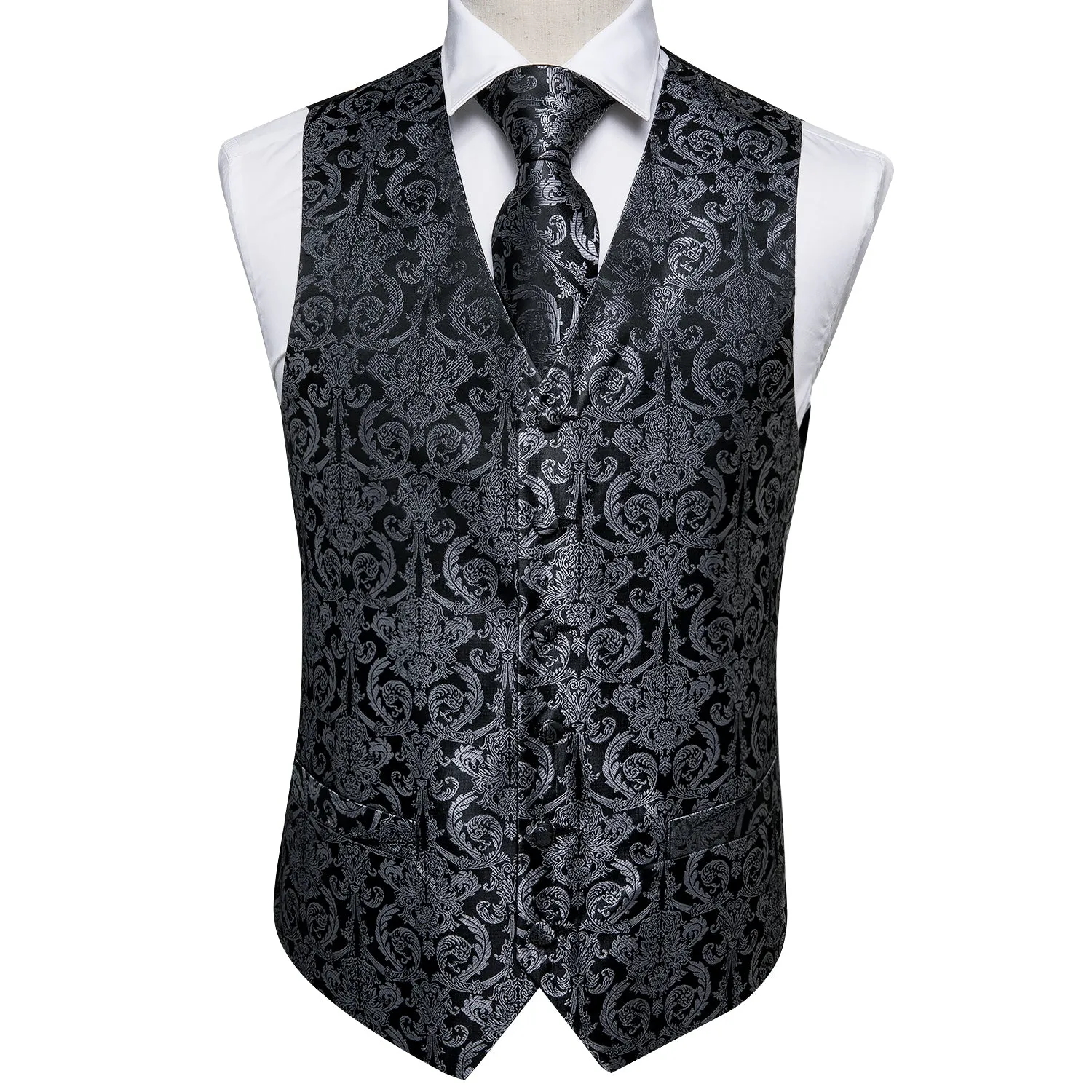 Ties2you Black Tie Vest Grey Paisley Jacquard Silk Men's Vest Hanky Cufflinks Tie Set Waistcoat Suit Set