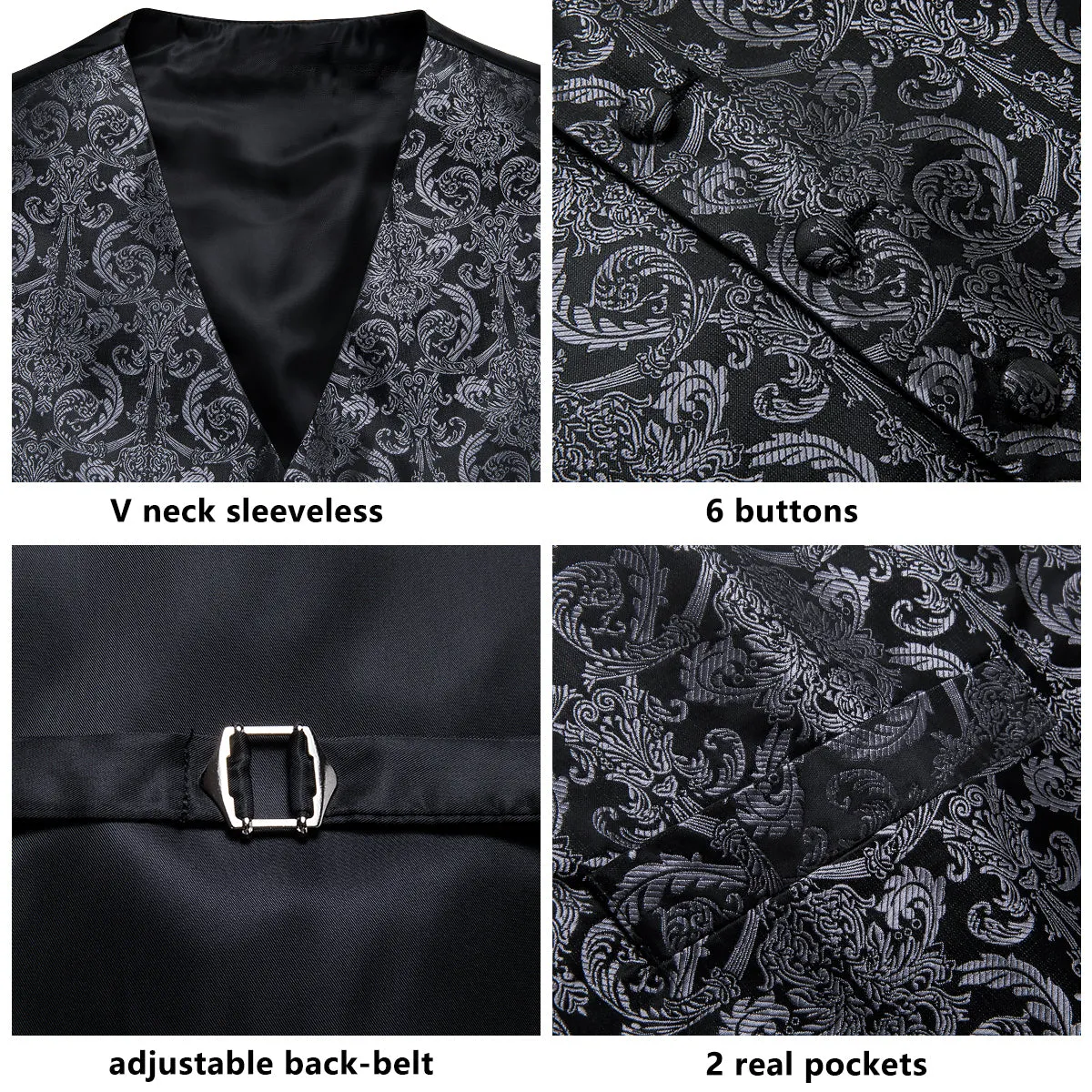 Ties2you Black Tie Vest Grey Paisley Jacquard Silk Men's Vest Hanky Cufflinks Tie Set Waistcoat Suit Set