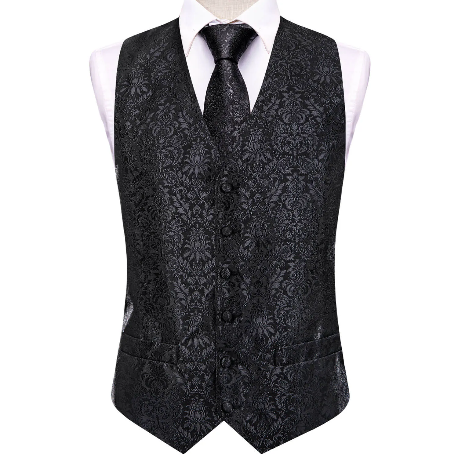 Ties2you Men's Vest Coal Black Jacquard Floral Silk Vest Necktie Set