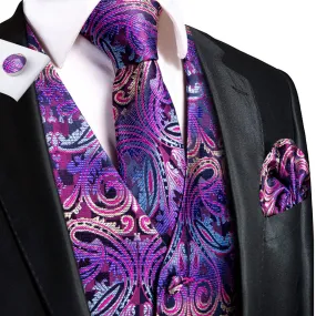 Ties2you Paisley Vest Mens Purple Jacquard Silk Men's Vest Hanky Cufflinks Tie Set