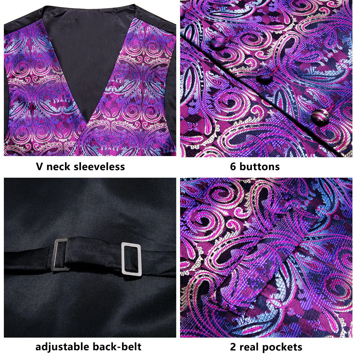 Ties2you Paisley Vest Mens Purple Jacquard Silk Men's Vest Hanky Cufflinks Tie Set