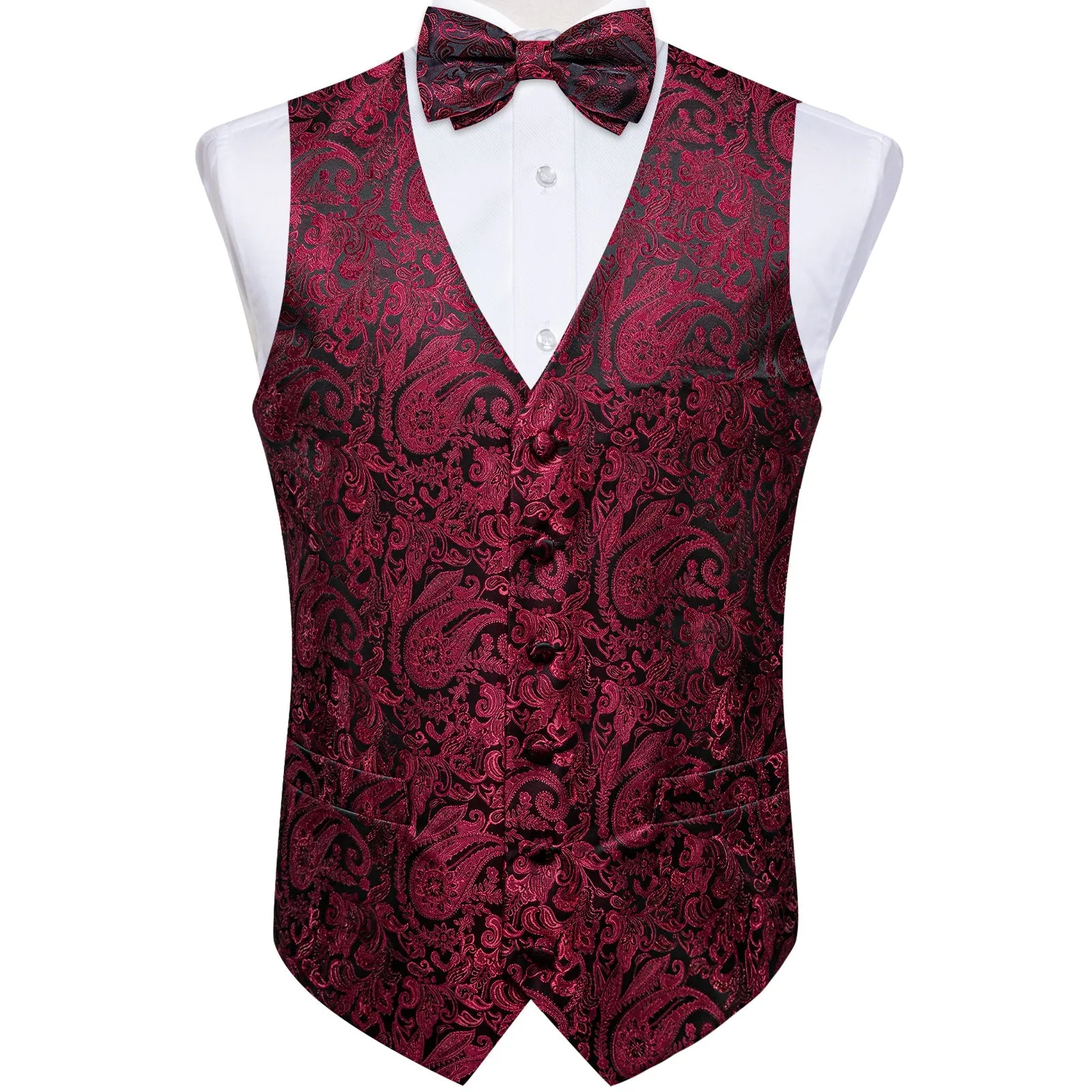 Ties2you Suit Vest Black Burgundy Paisley Silk Men's Vest Hanky Cufflinks Bow Tie Set