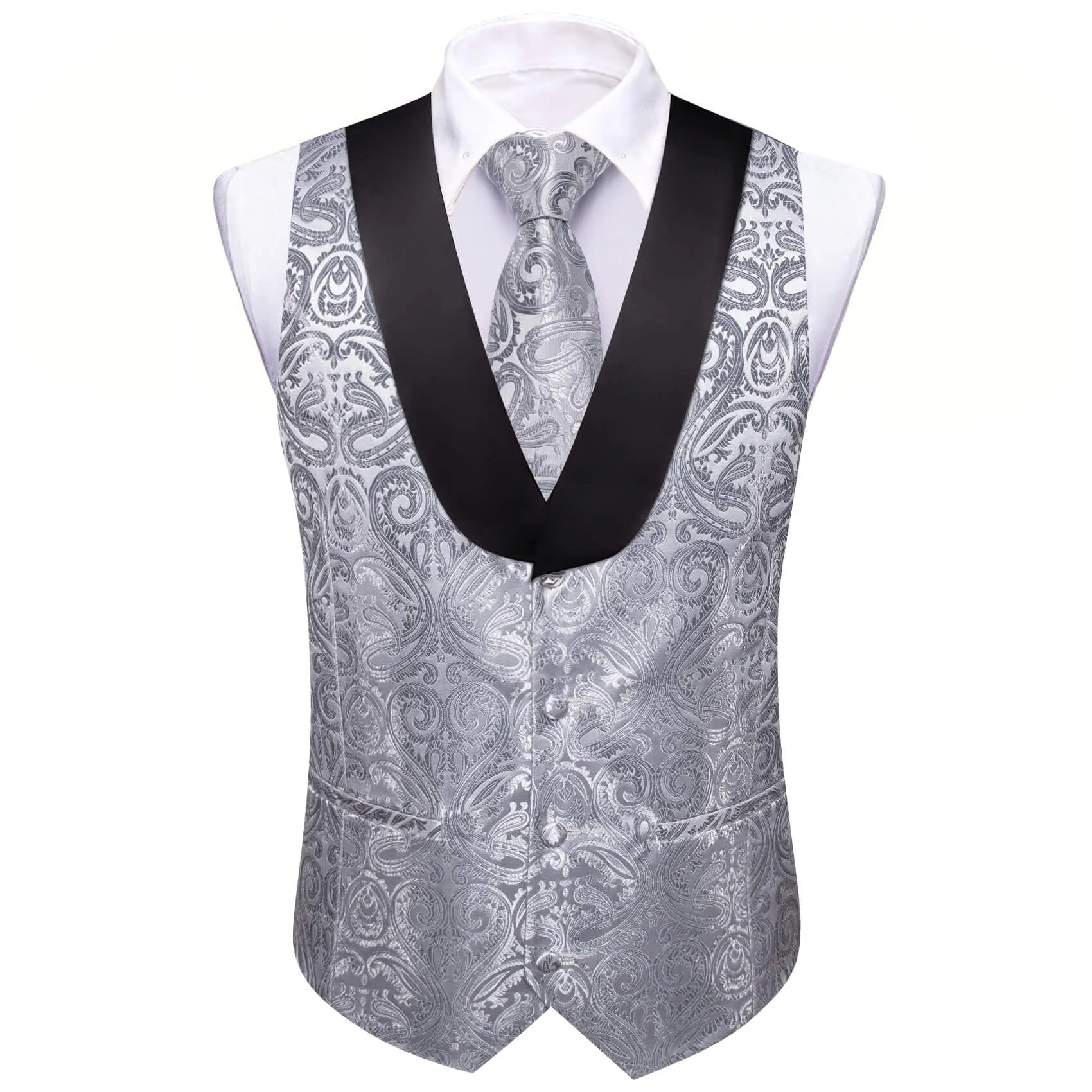 Ties2you Vest for Men Dark Gray Paisley Silk Shawl Collar Vest Tie Pocket Square Cufflinks Set