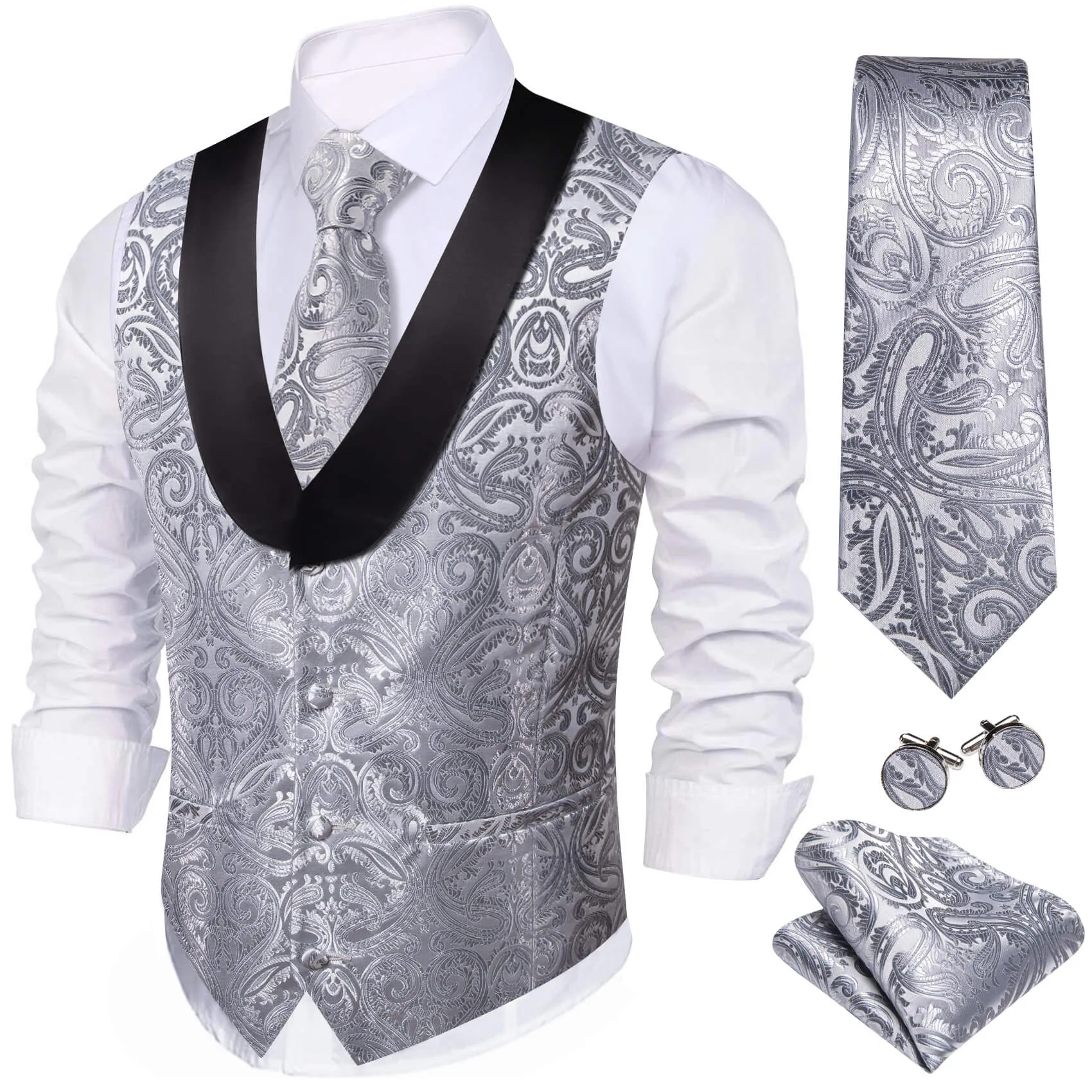 Ties2you Vest for Men Dark Gray Paisley Silk Shawl Collar Vest Tie Pocket Square Cufflinks Set