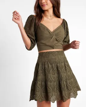 Twist Front Eyelet Sleeve Cropped Top in Olive Green