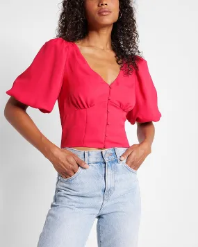 V-Neck Button Front Puff Sleeve Cropped Top in Energy Pink