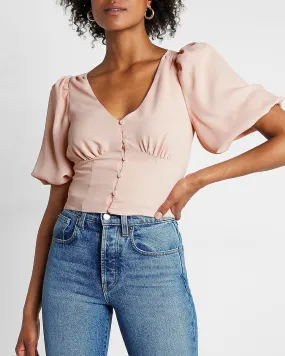 V-Neck Button Front Puff Sleeve Cropped Top in Pale Pink