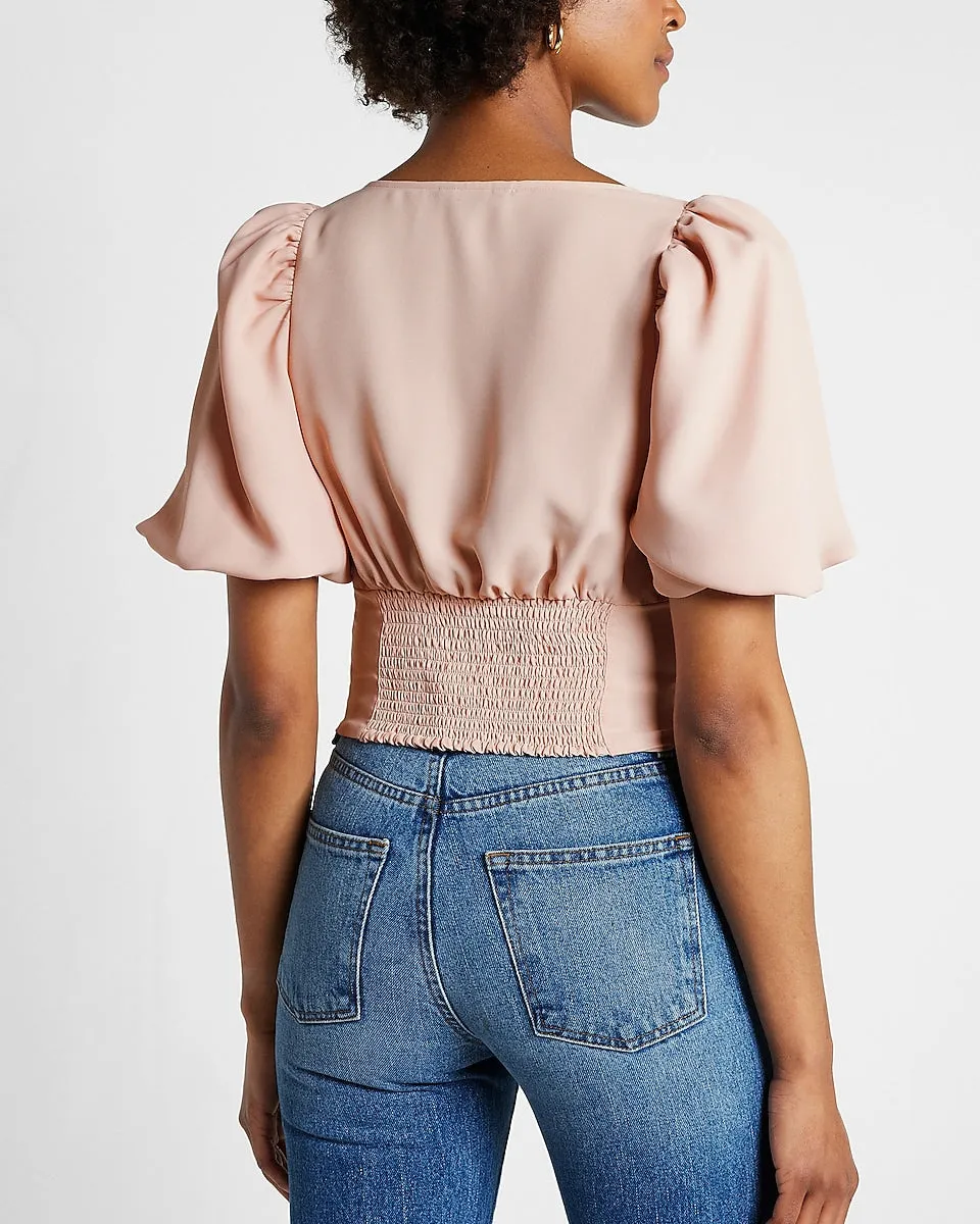 V-Neck Button Front Puff Sleeve Cropped Top in Pale Pink