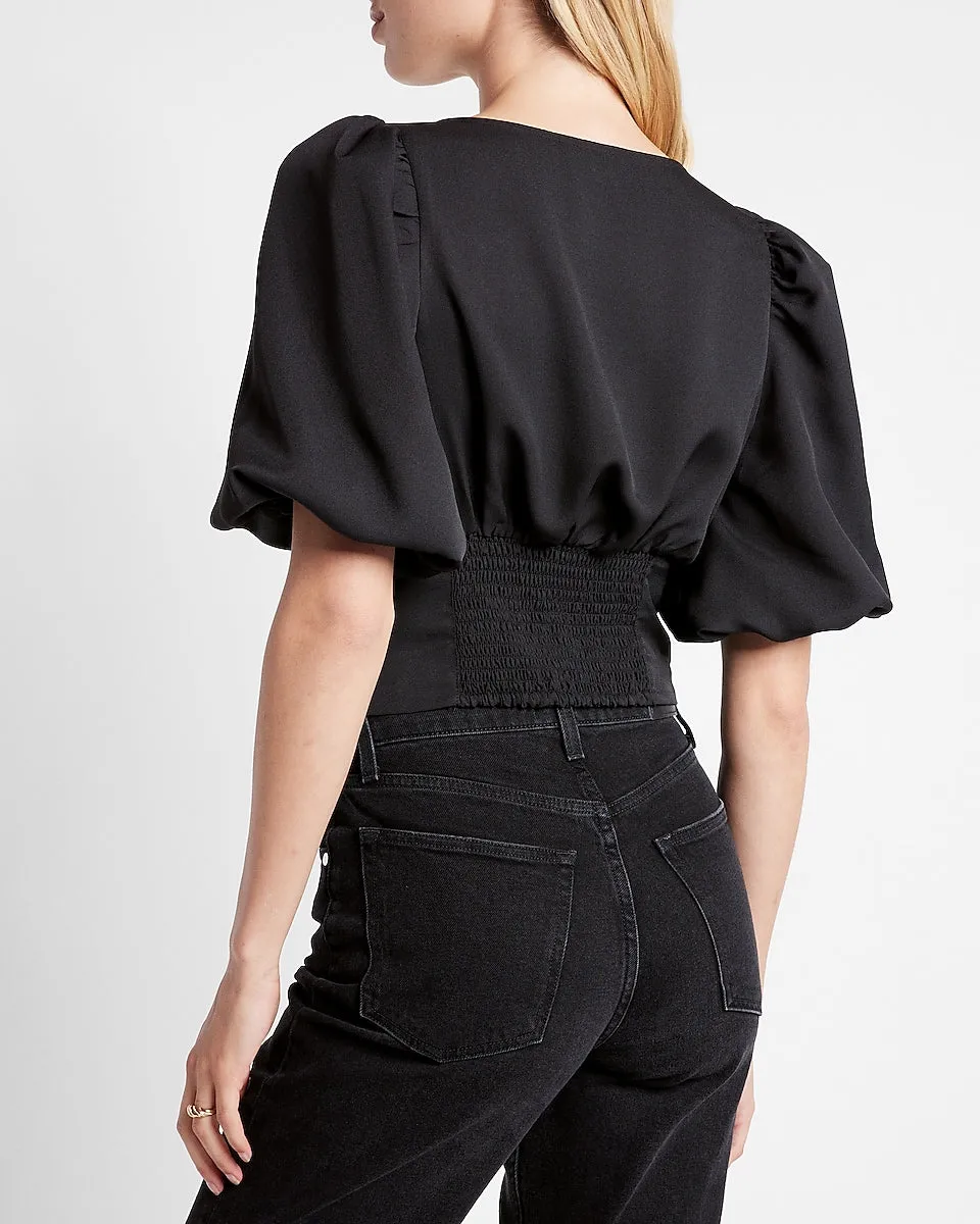 V-Neck Button Front Puff Sleeve Cropped Top in Pitch Black