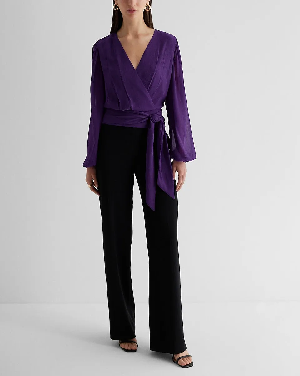 V-Neck Faux Wrap Tie Waist Cropped Top in Purple