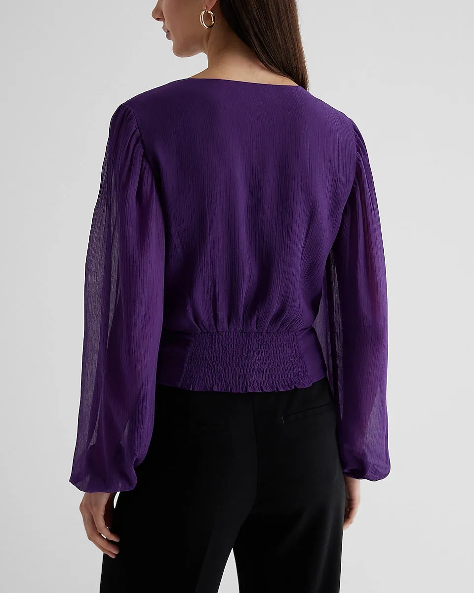 V-Neck Faux Wrap Tie Waist Cropped Top in Purple