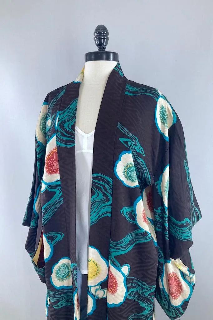 vintage 1930s Black and Aqua Silk Kimono Cardigan