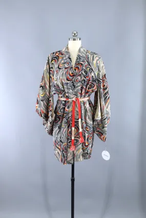 Vintage 1940s Silk Haori Kimono Cardigan Jacket / Grey Abstract Swirls